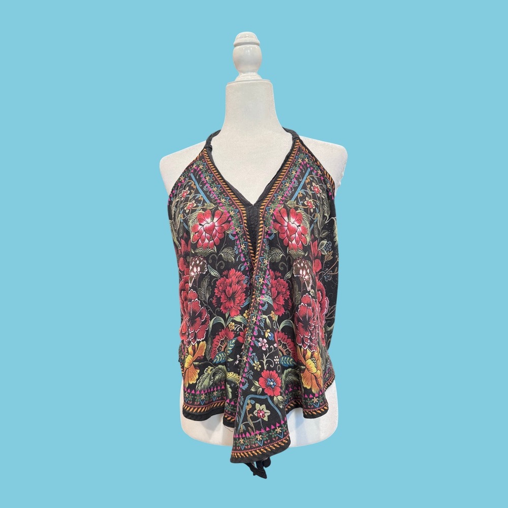 Natural Life Halter Top Womens L Black Floral Boho Handkerchief Hem Pre-owned